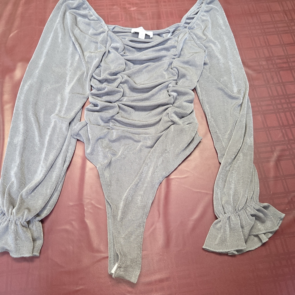 Shimmery Gray Ruched Bodysuit